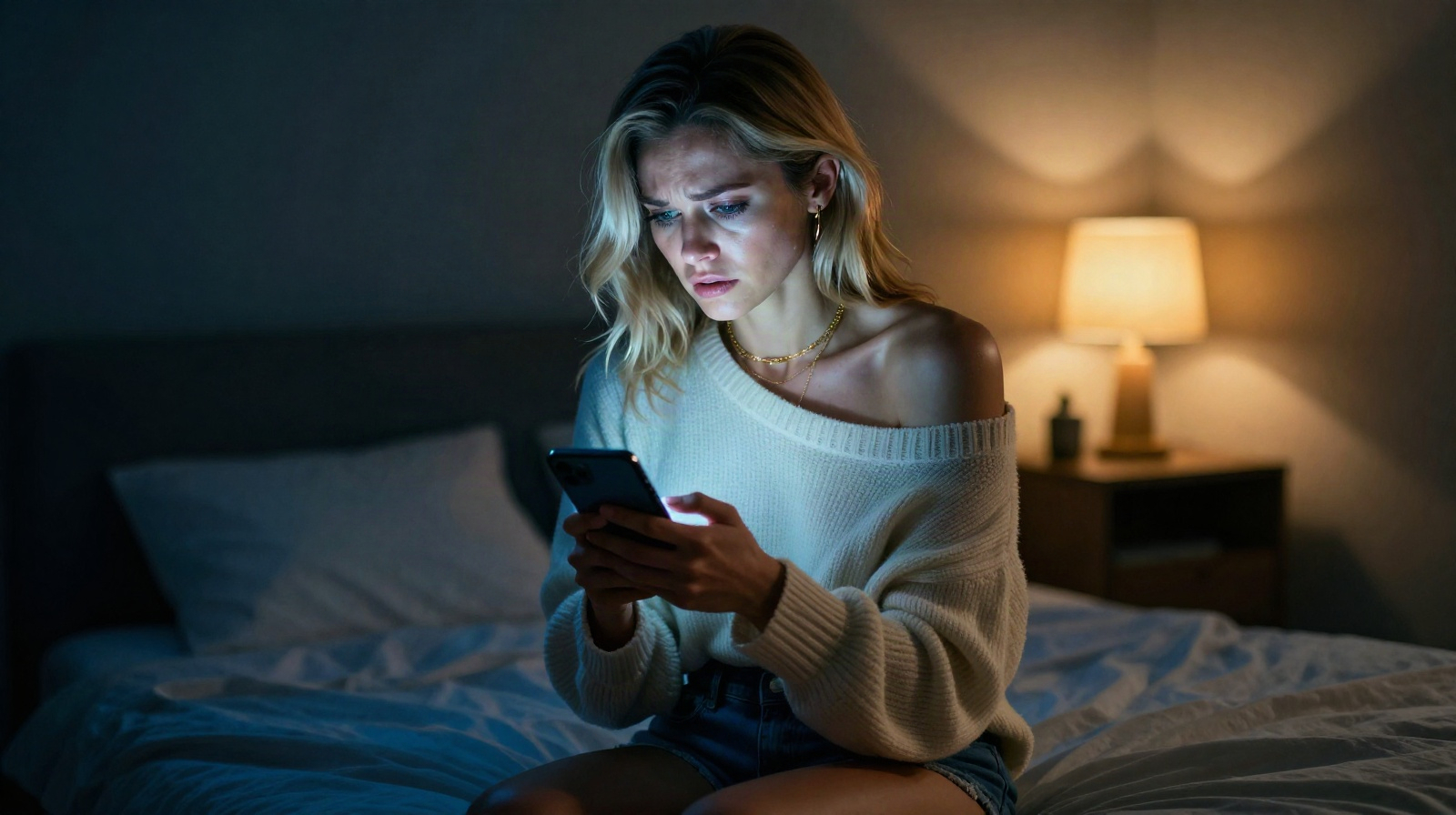 Женщина в тёмной спальне, освещённая холодным синим светом смартфона, с выражением боли и предательства на лице