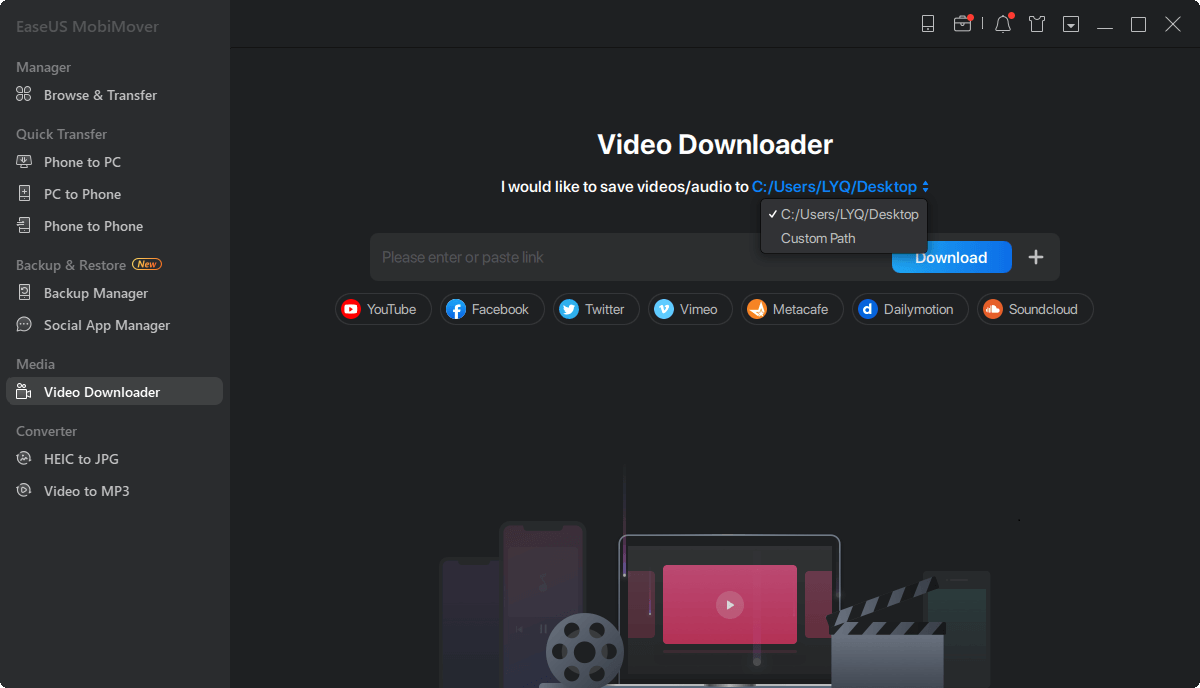 Затем запустите EaseUS MobiMover, выберите «Video Downloader» и щелкните значок устройства, чтобы загрузить видео YouTube на свой ПК или iPhone / iPad